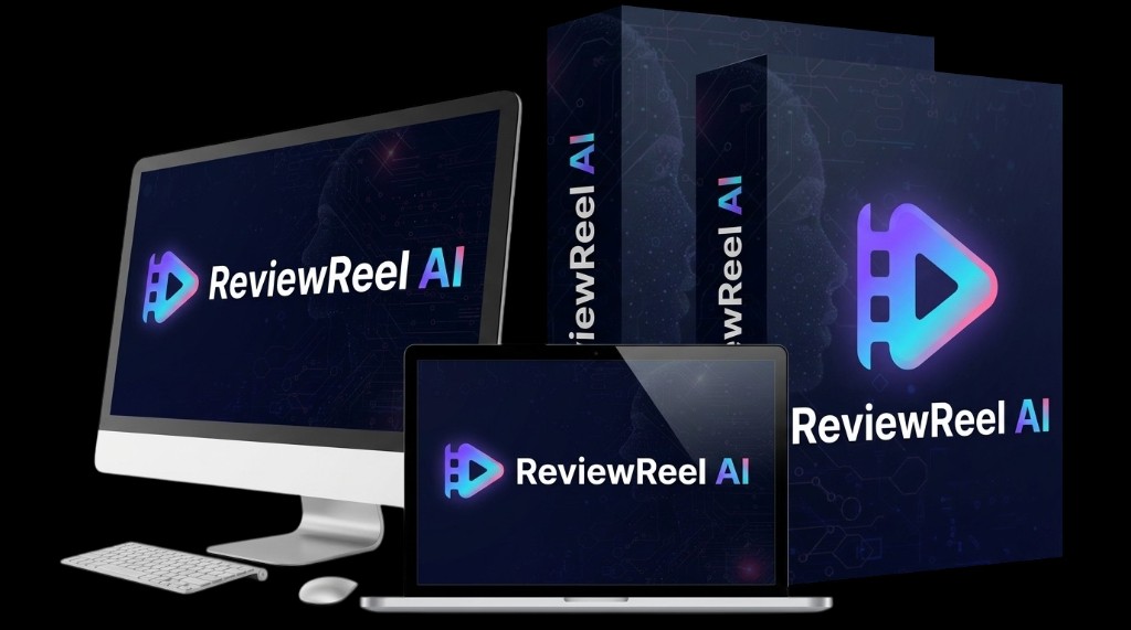 ReviewReel AI product — desktop, laptop, mobile & package